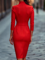 Elegant Black Dress | Women's Sheath Dress with Belt & Mandarin Collar for Timeless Style