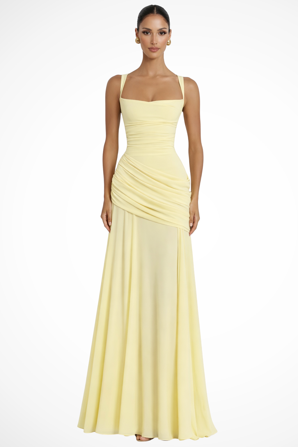 Elegant Chiffon Maxi Dress with Square Neckline & Asymmetric Ruching for Timeless Style