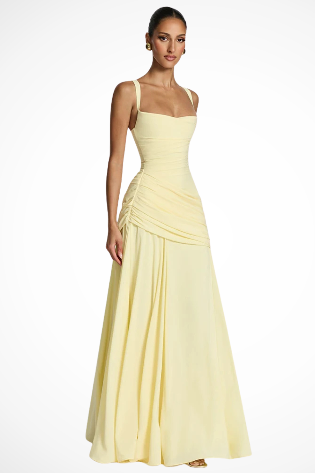 Elegant Chiffon Maxi Dress with Square Neckline & Asymmetric Ruching for Timeless Style
