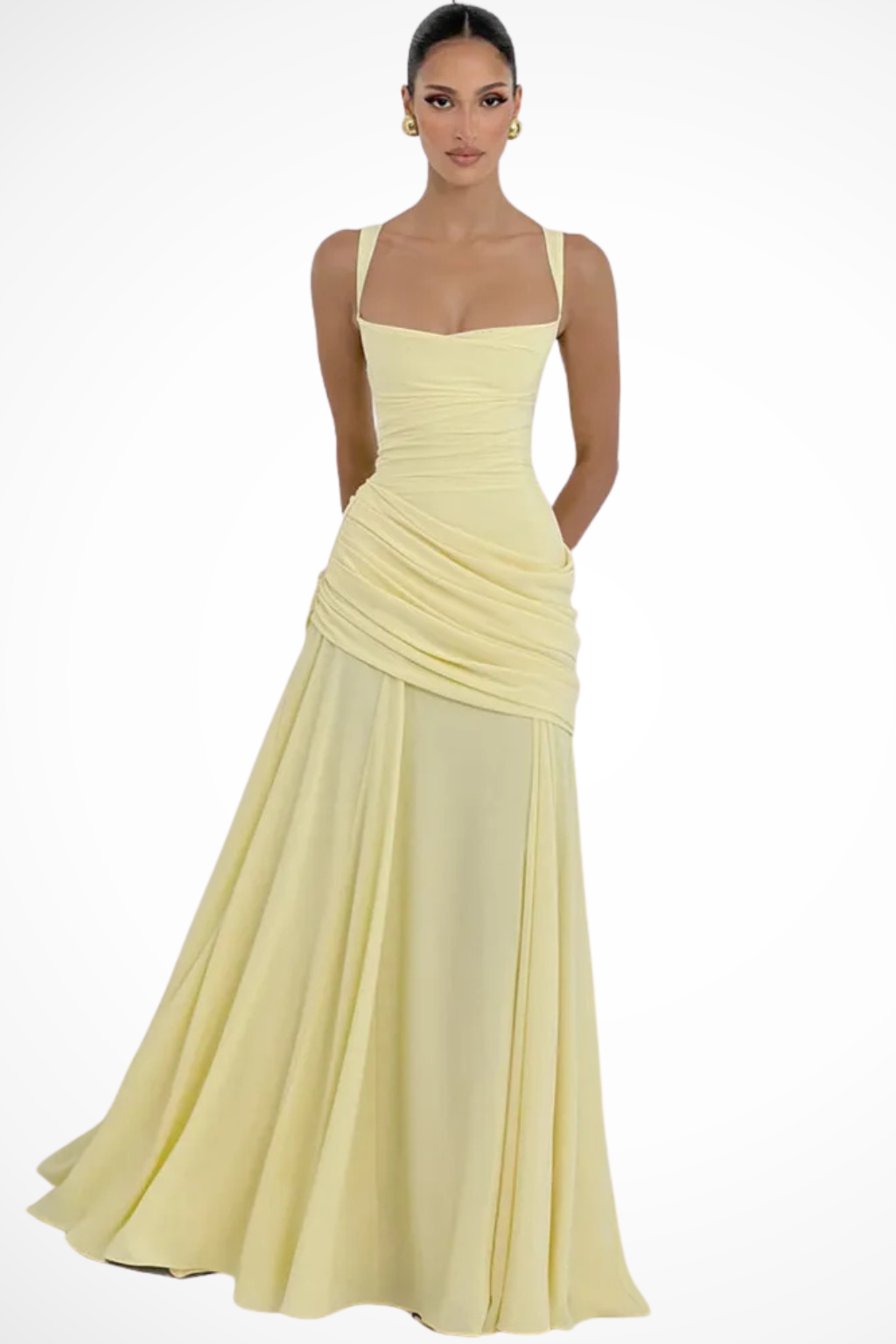 Elegant Chiffon Maxi Dress with Square Neckline & Asymmetric Ruching for Timeless Style