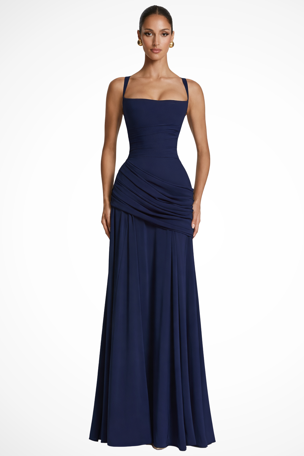Elegant Chiffon Maxi Dress with Square Neckline & Asymmetric Ruching for Timeless Style
