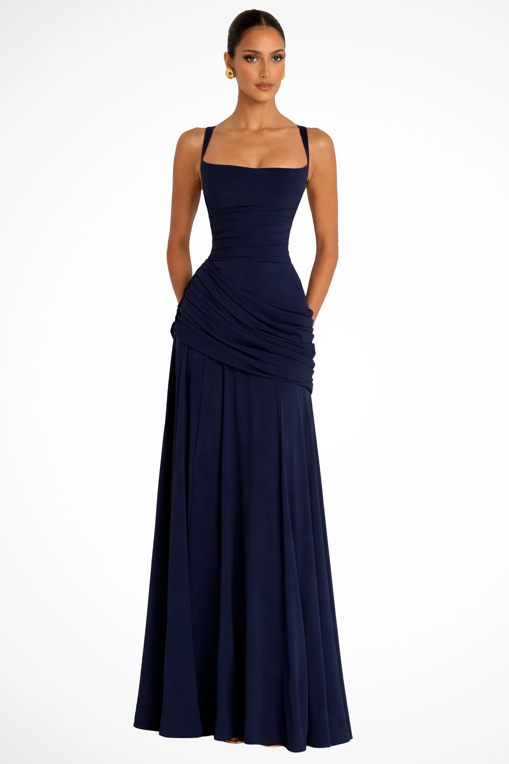 Elegant Chiffon Maxi Dress with Square Neckline & Asymmetric Ruching for Timeless Style
