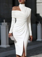 Elegant Evening Gowns | Asymmetric High-Neck Design with Sculptural Draping | Formal Wedding Guest Dress for Unforgettable Elegance