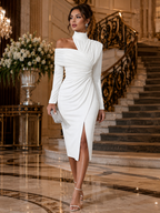 Elegant Evening Gowns | Asymmetric High-Neck Design with Sculptural Draping | Formal Wedding Guest Dress for Unforgettable Elegance