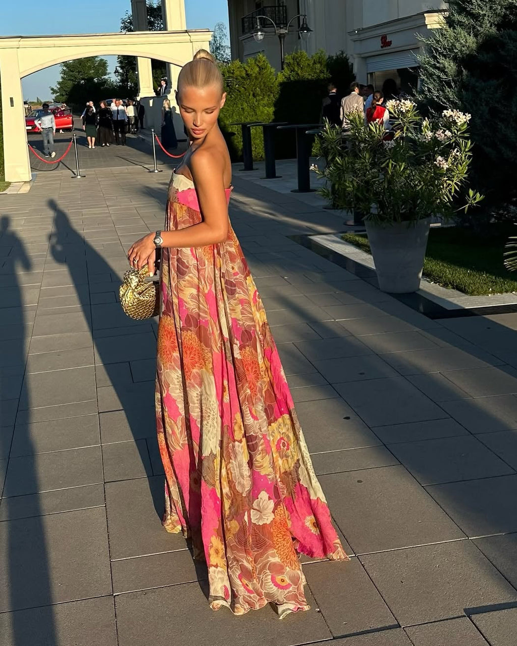 Elegant Floral Maxi Dress with Pleated Design | Women's Summer Dresses for Weddings
