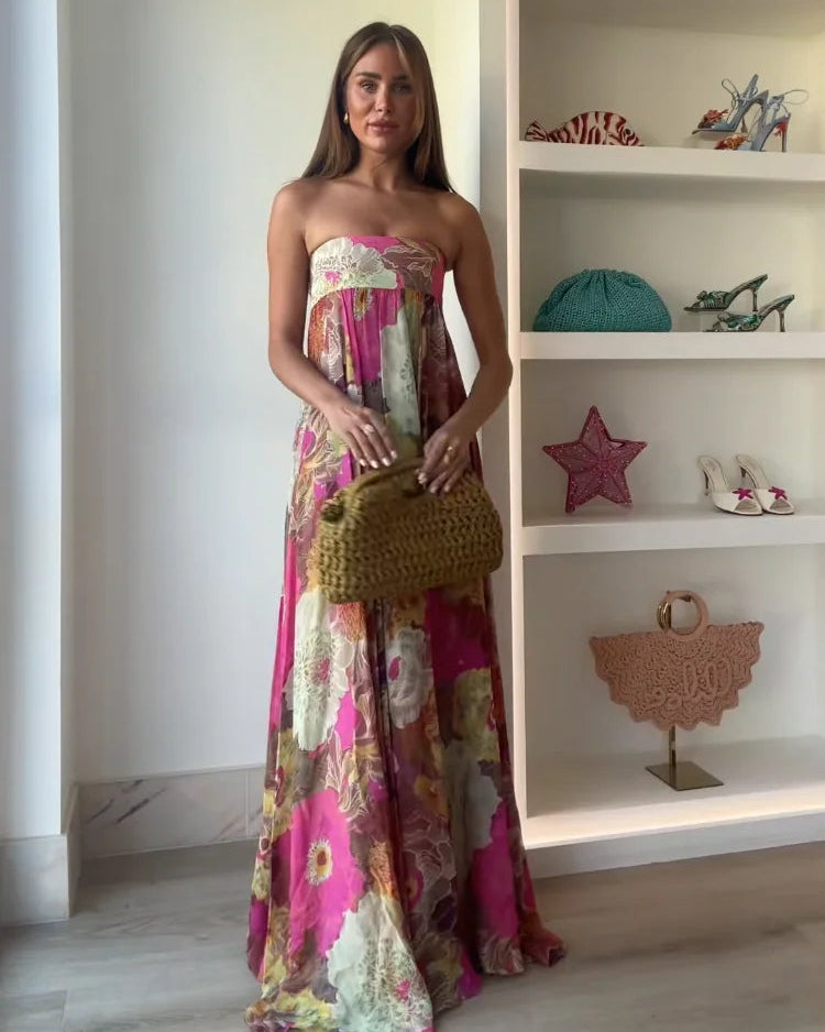 Elegant Floral Maxi Dress with Pleated Design | Women's Summer Dresses for Weddings