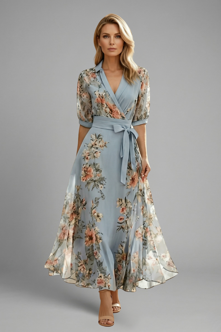 Elegant Floral Midi Dress | Women's Dress with V-Neckline & Flowing Skirt for Effortless Style
