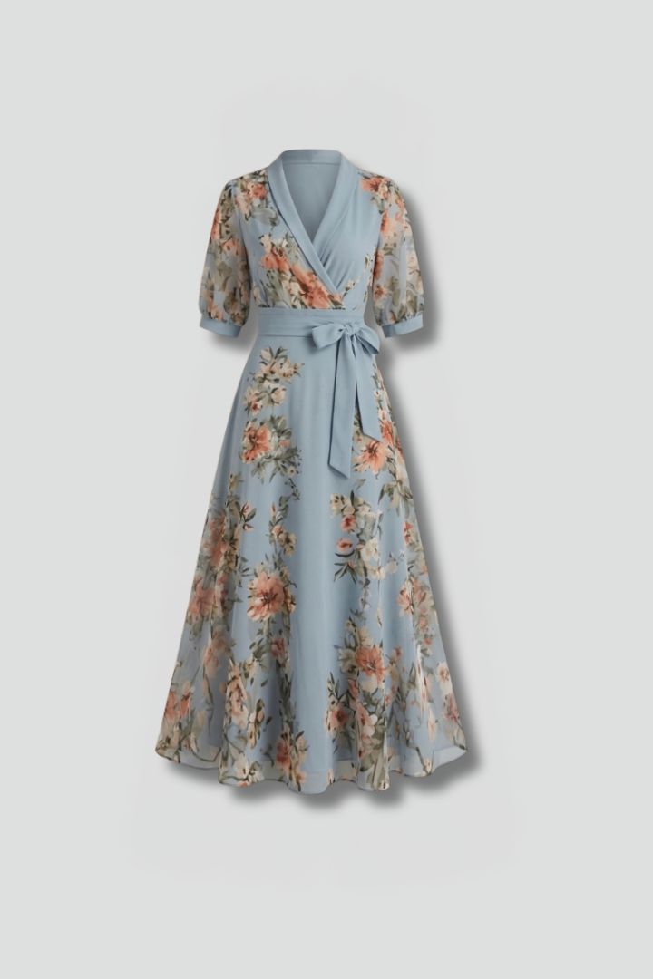 Elegant Floral Midi Dress | Women's Dress with V-Neckline & Flowing Skirt for Effortless Style