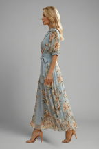 Elegant Floral Midi Dress | Women's Dress with V-Neckline & Flowing Skirt for Effortless Style