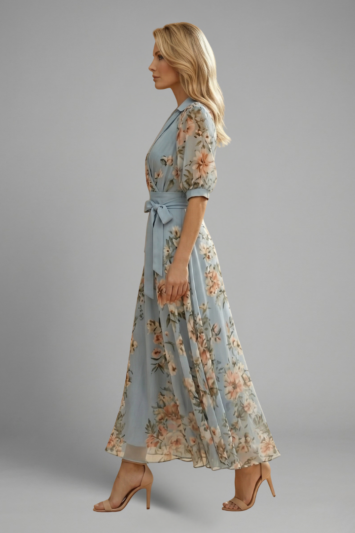 Elegant Floral Midi Dress | Women's Dress with V-Neckline & Flowing Skirt for Effortless Style