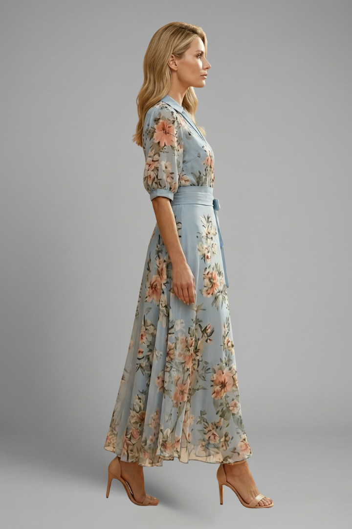 Elegant Floral Midi Dress | Women's Dress with V-Neckline & Flowing Skirt for Effortless Style