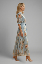 Elegant Floral Midi Dress | Women's Dress with V-Neckline & Flowing Skirt for Effortless Style