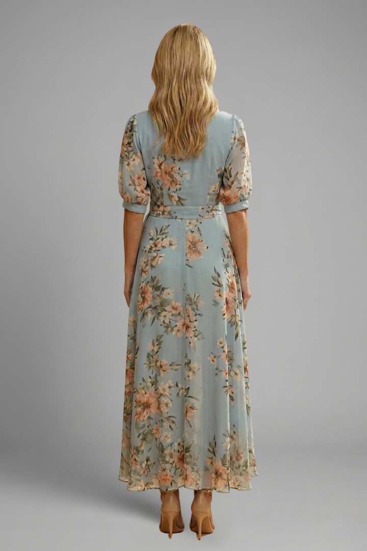 Elegant Floral Midi Dress | Women's Dress with V-Neckline & Flowing Skirt for Effortless Style