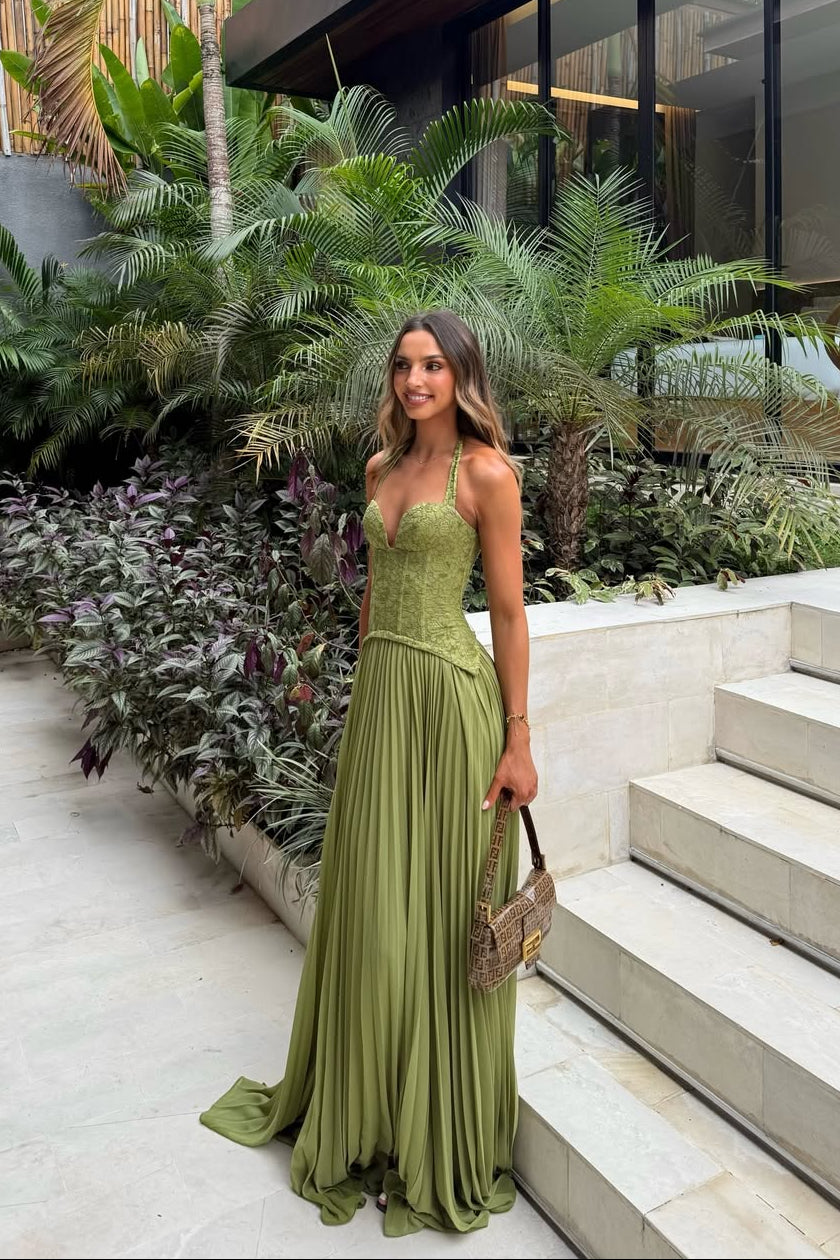 Elegant Maxi Dress with Lace Corset Bodice & Flowing Skirt for Women | Timeless Long Dress for Special Occasions