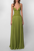 Elegant Maxi Dress with Lace Corset Bodice & Flowing Skirt for Women | Timeless Long Dress for Special Occasions