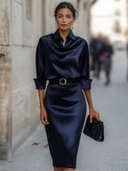 Elegant Navy Satin Midi Dress | Draped Collar & Defined Waist for Sophisticated Style