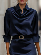 Elegant Navy Satin Midi Dress | Draped Collar & Defined Waist for Sophisticated Style