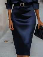 Elegant Navy Satin Midi Dress | Draped Collar & Defined Waist for Sophisticated Style