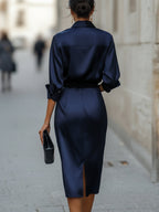 Elegant Navy Satin Midi Dress | Draped Collar & Defined Waist for Sophisticated Style