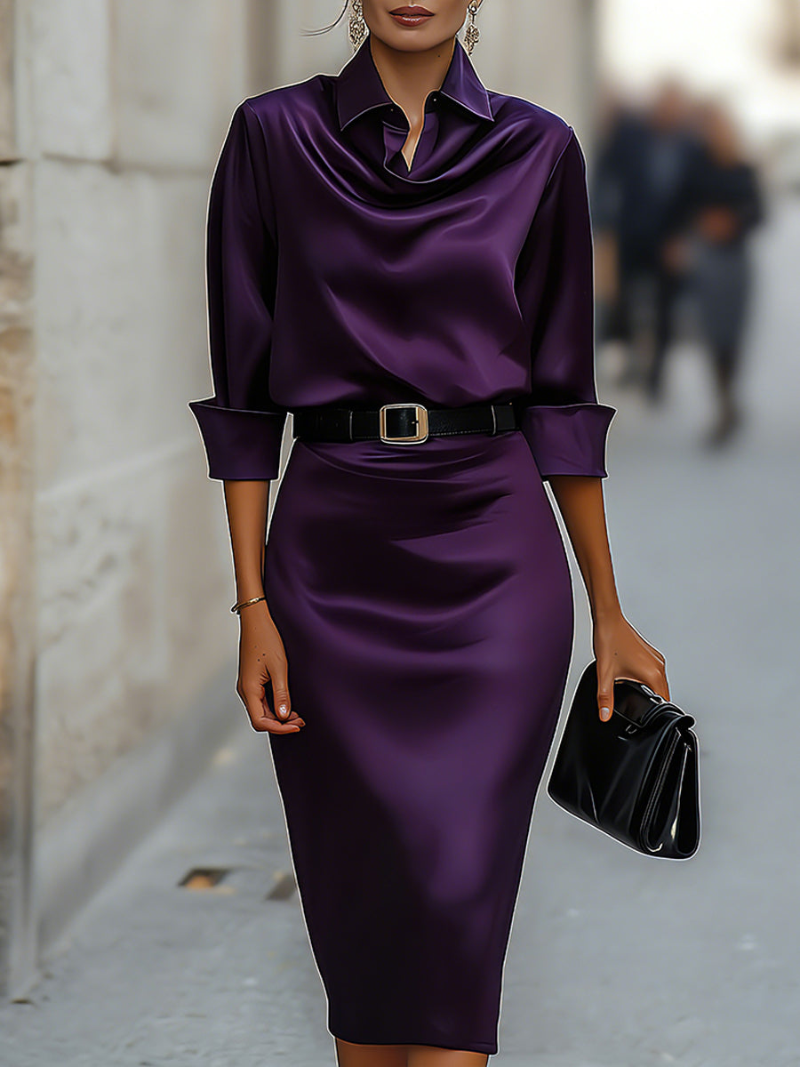 Elegant Navy Satin Midi Dress | Draped Collar & Defined Waist for Sophisticated Style