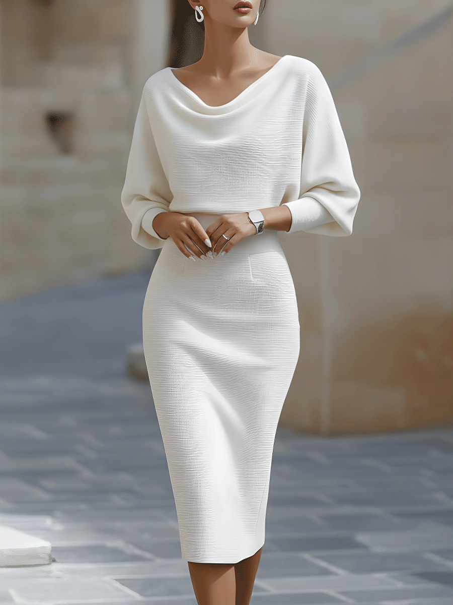 Elegant White Dress | Women's Midi Cocktail Dress with Draped Cowl Neckline | Timeless Style for Formal Occasions
