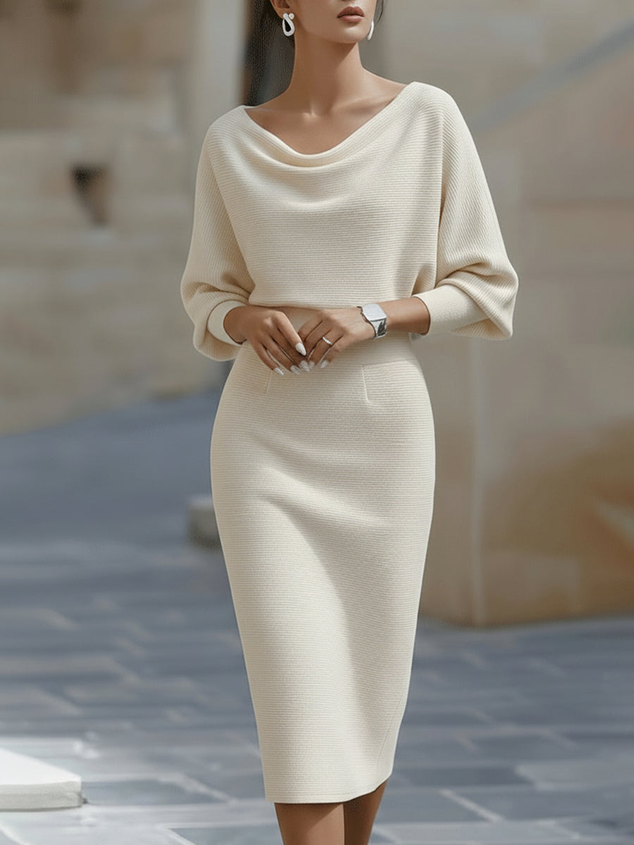 Elegant White Dress | Women's Midi Cocktail Dress with Draped Cowl Neckline | Timeless Style for Formal Occasions