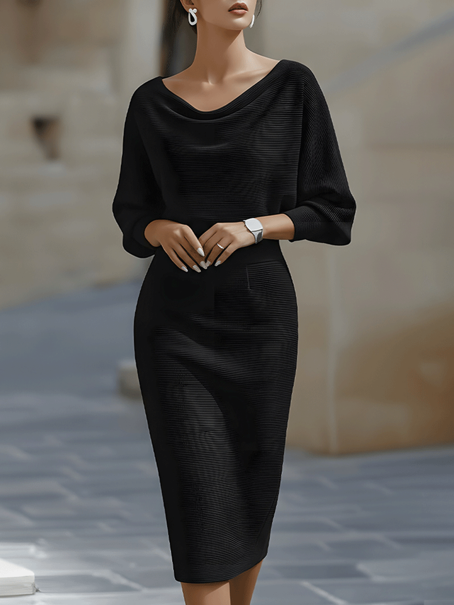 Elegant White Dress | Women's Midi Cocktail Dress with Draped Cowl Neckline | Timeless Style for Formal Occasions