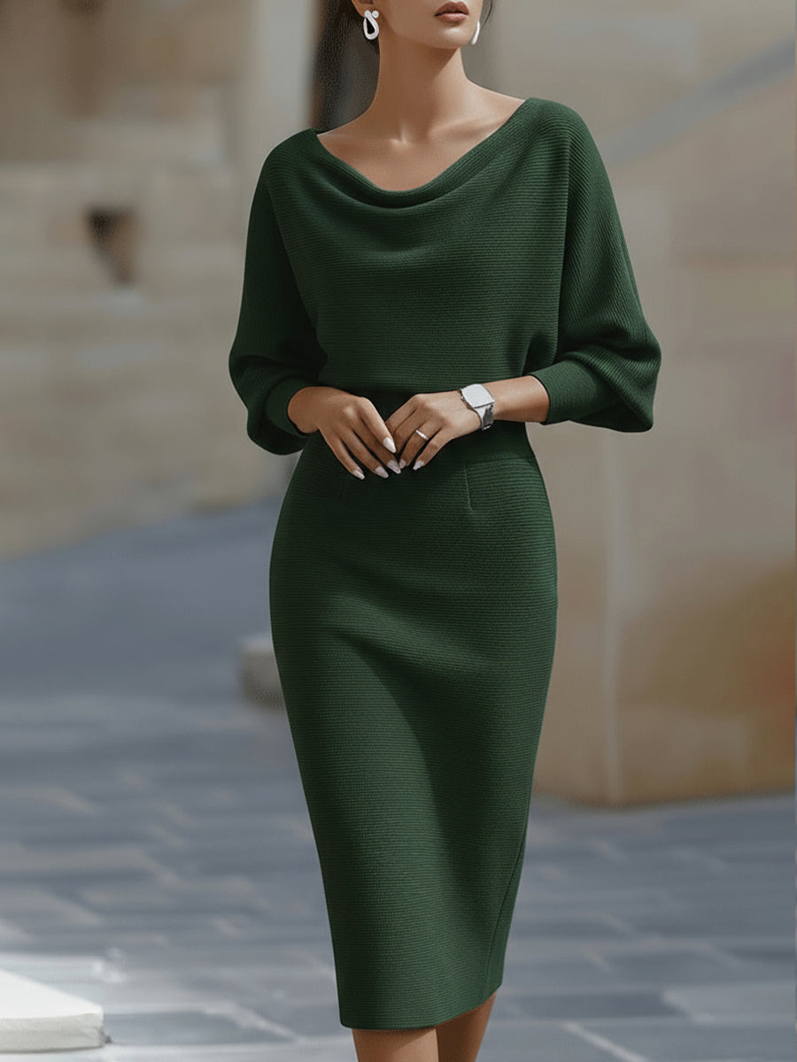 Elegant White Dress | Women's Midi Cocktail Dress with Draped Cowl Neckline | Timeless Style for Formal Occasions