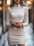 Elegant White Dress with Mandarin Collar & Belt Design | Plus Size Dresses for Timeless Sophistication