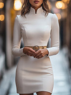 Elegant White Dress with Mandarin Collar & Belt Design | Plus Size Dresses for Timeless Sophistication