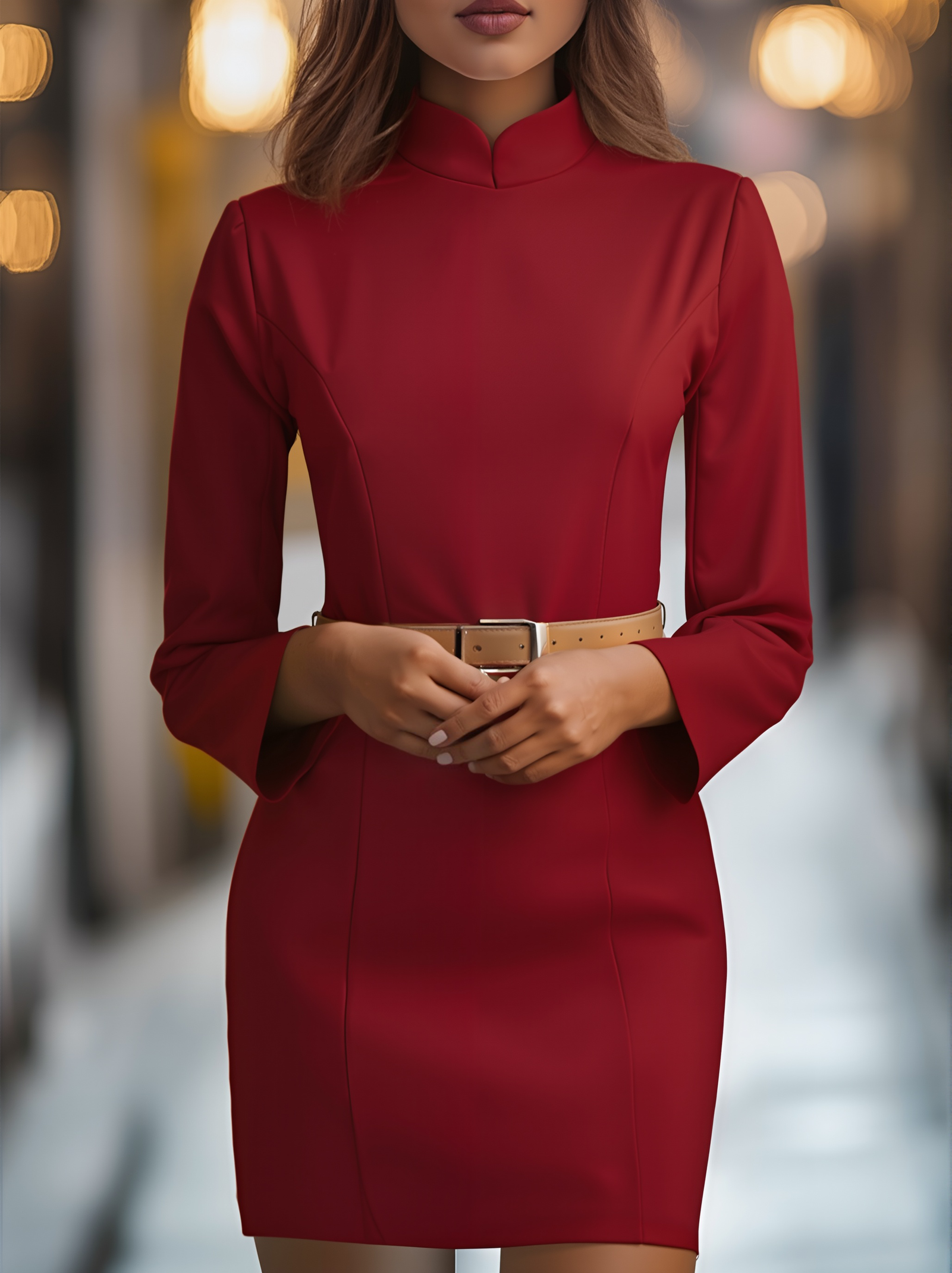 Elegant White Dress with Mandarin Collar & Belt Design | Plus Size Dresses for Timeless Sophistication