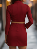 Elegant White Dress with Mandarin Collar & Belt Design | Plus Size Dresses for Timeless Sophistication