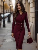 Elegant Wrap-Style White Midi Dress with Button Details | Long Sleeve Design for Effortless Sophistication