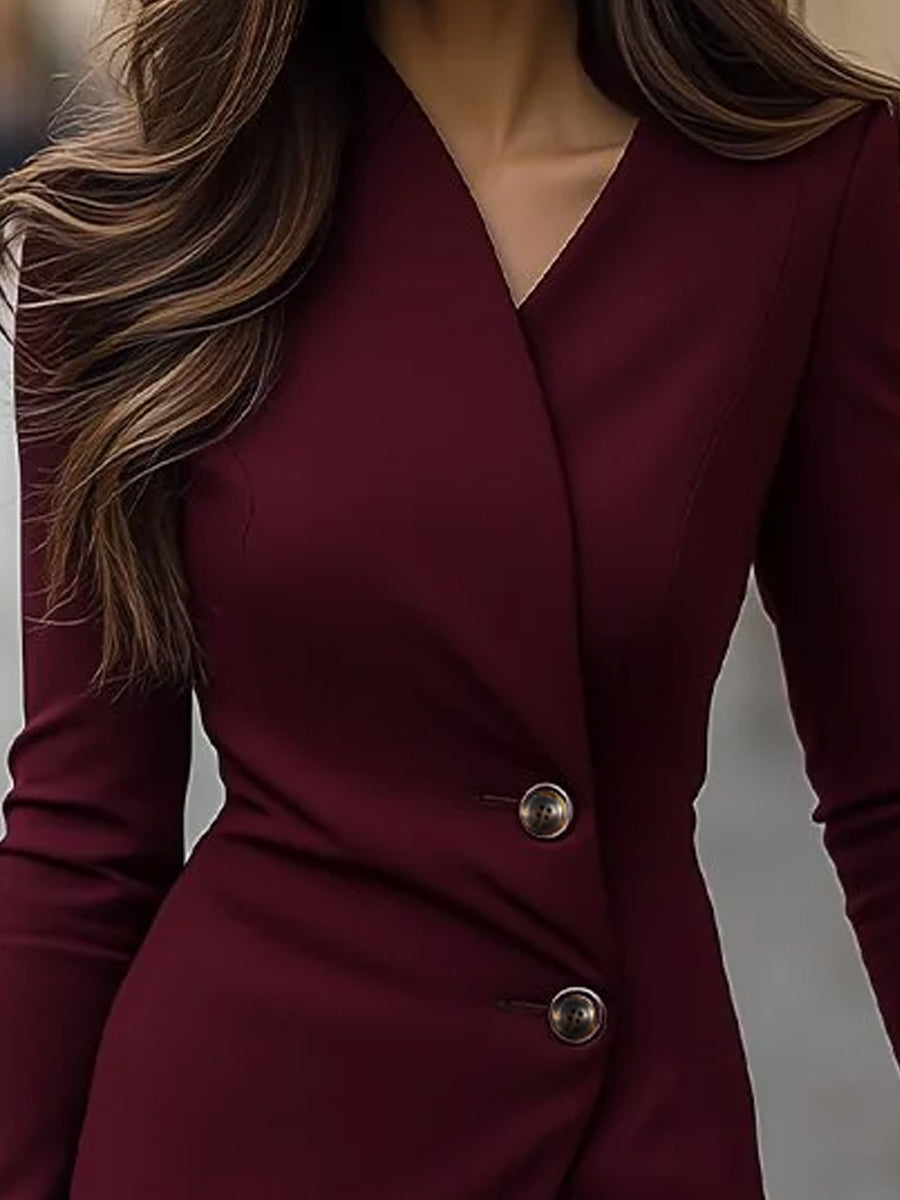 Elegant Wrap-Style White Midi Dress with Button Details | Long Sleeve Design for Effortless Sophistication