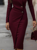 Elegant Wrap-Style White Midi Dress with Button Details | Long Sleeve Design for Effortless Sophistication