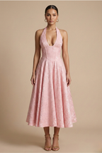 Elegant | White Floral Midi Dress with Structured Corset Bodice | A-Line Skirt for Timeless Sophistication