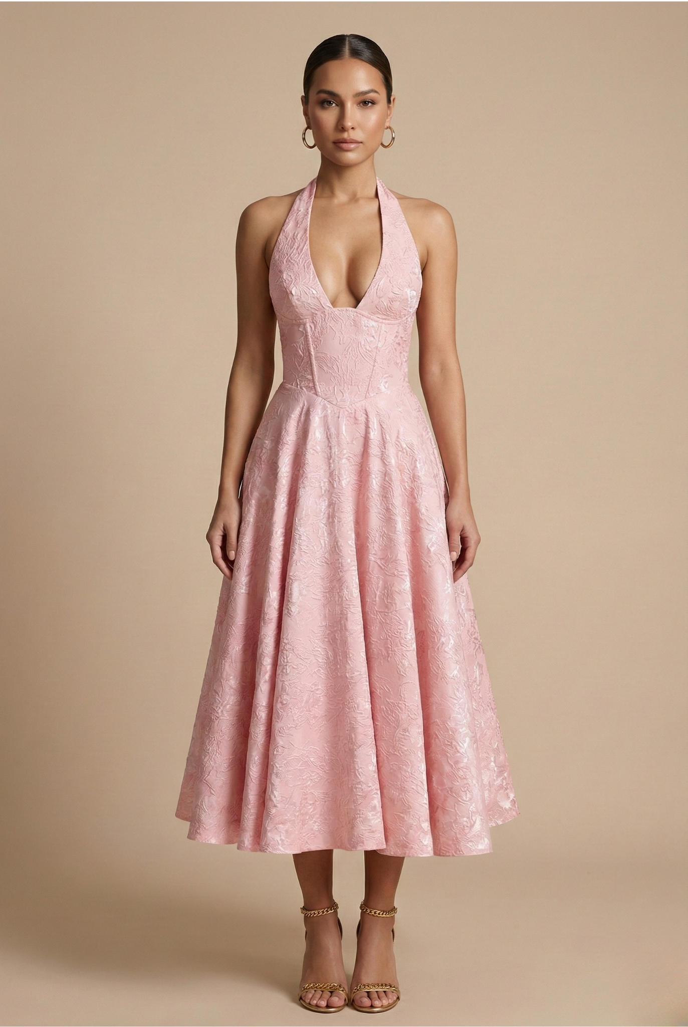 Elegant | White Floral Midi Dress with Structured Corset Bodice | A-Line Skirt for Timeless Sophistication