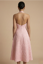 Elegant | White Floral Midi Dress with Structured Corset Bodice | A-Line Skirt for Timeless Sophistication