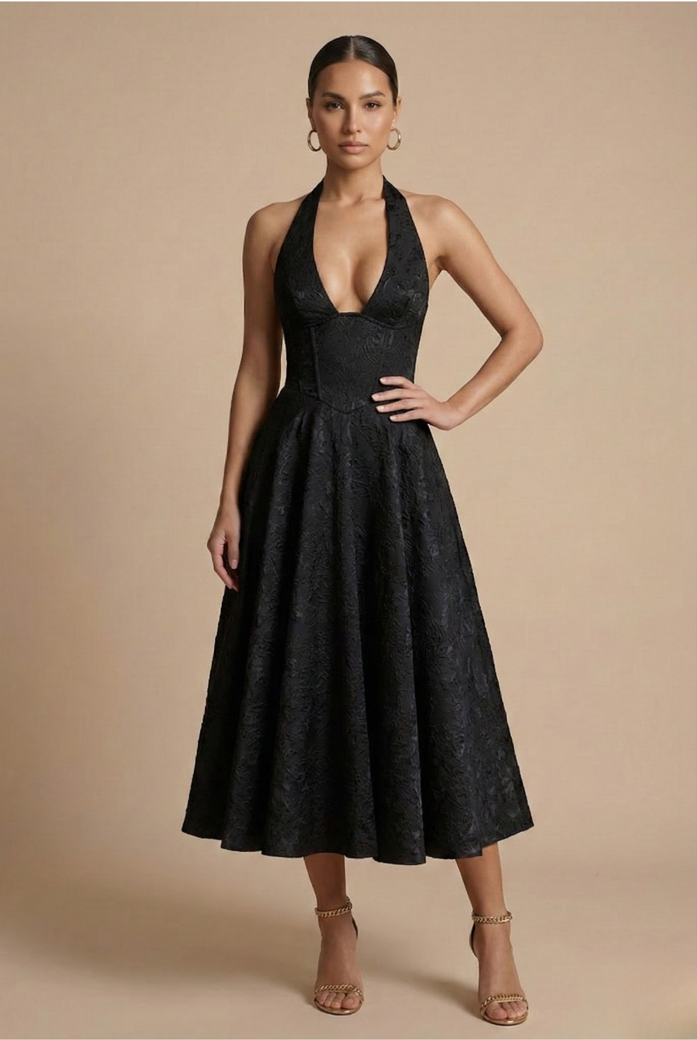 Elegant | White Floral Midi Dress with Structured Corset Bodice | A-Line Skirt for Timeless Sophistication