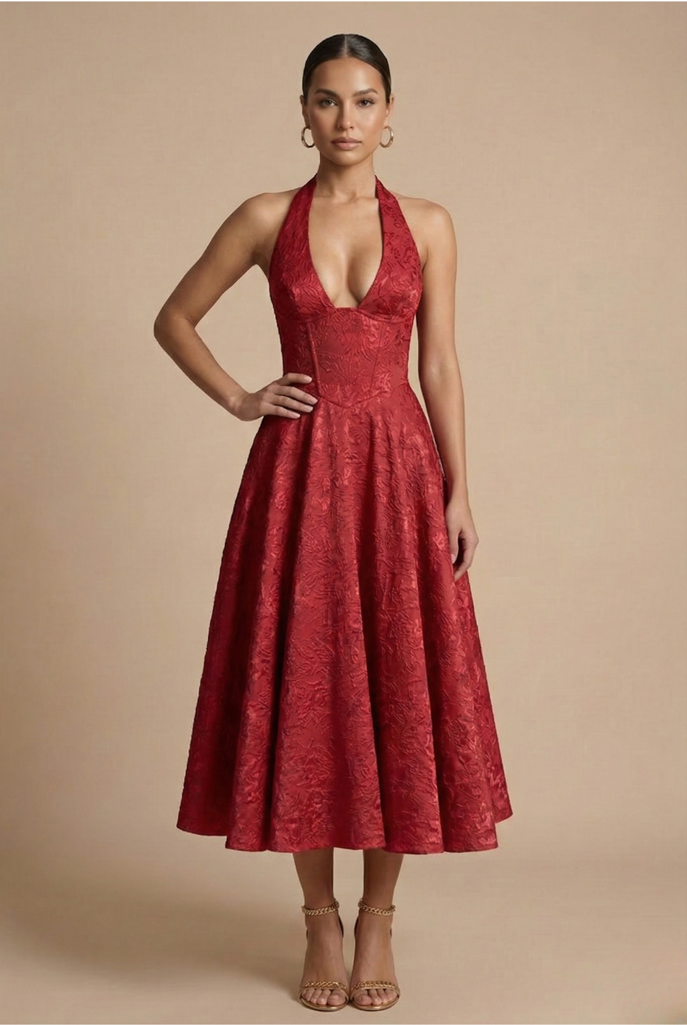 Elegant | White Floral Midi Dress with Structured Corset Bodice | A-Line Skirt for Timeless Sophistication