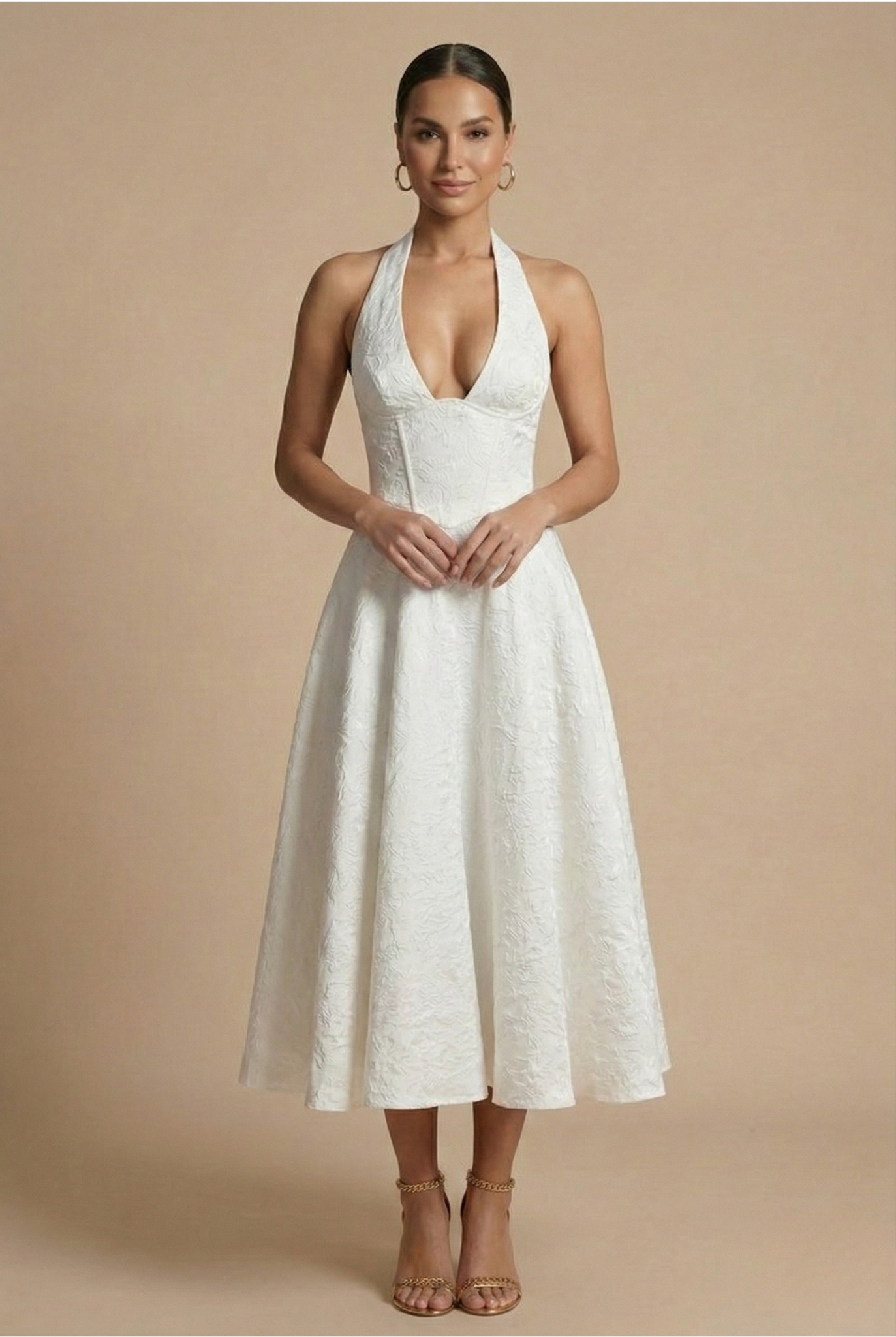 Elegant | White Floral Midi Dress with Structured Corset Bodice | A-Line Skirt for Timeless Sophistication