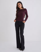 Women's Knit Long Sleeve Top with Keyhole Detail in Plum for Everyday Wear