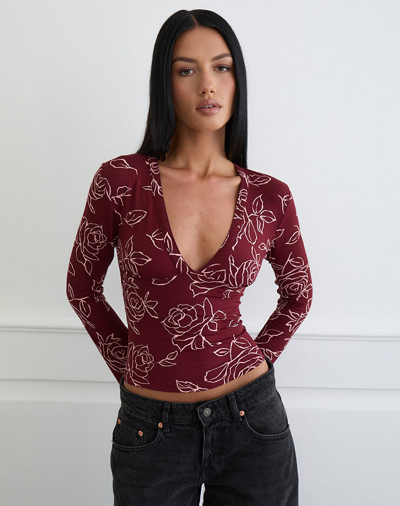 Women's Rayon Jersey Long Sleeve Bodycon Top in Rose for Everyday Wear