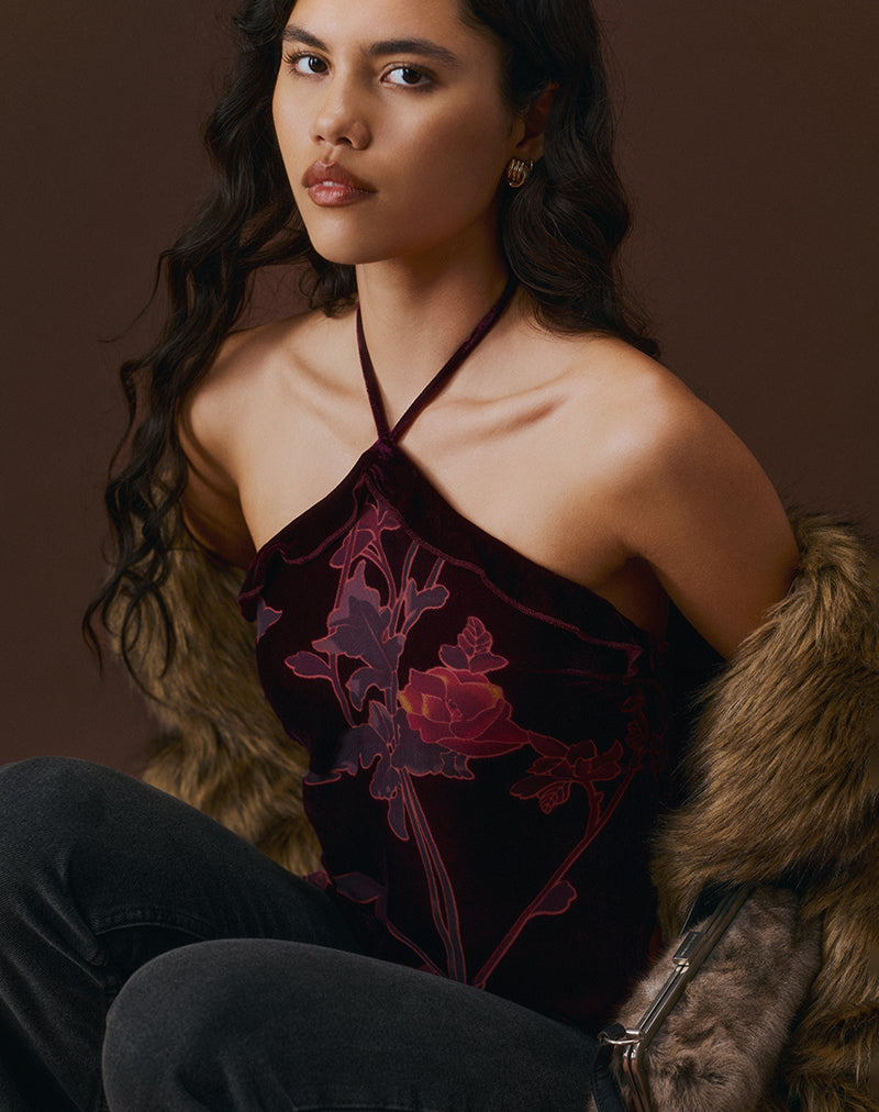 Women's Lace Halterneck Top in Burgundy for Everyday Wear