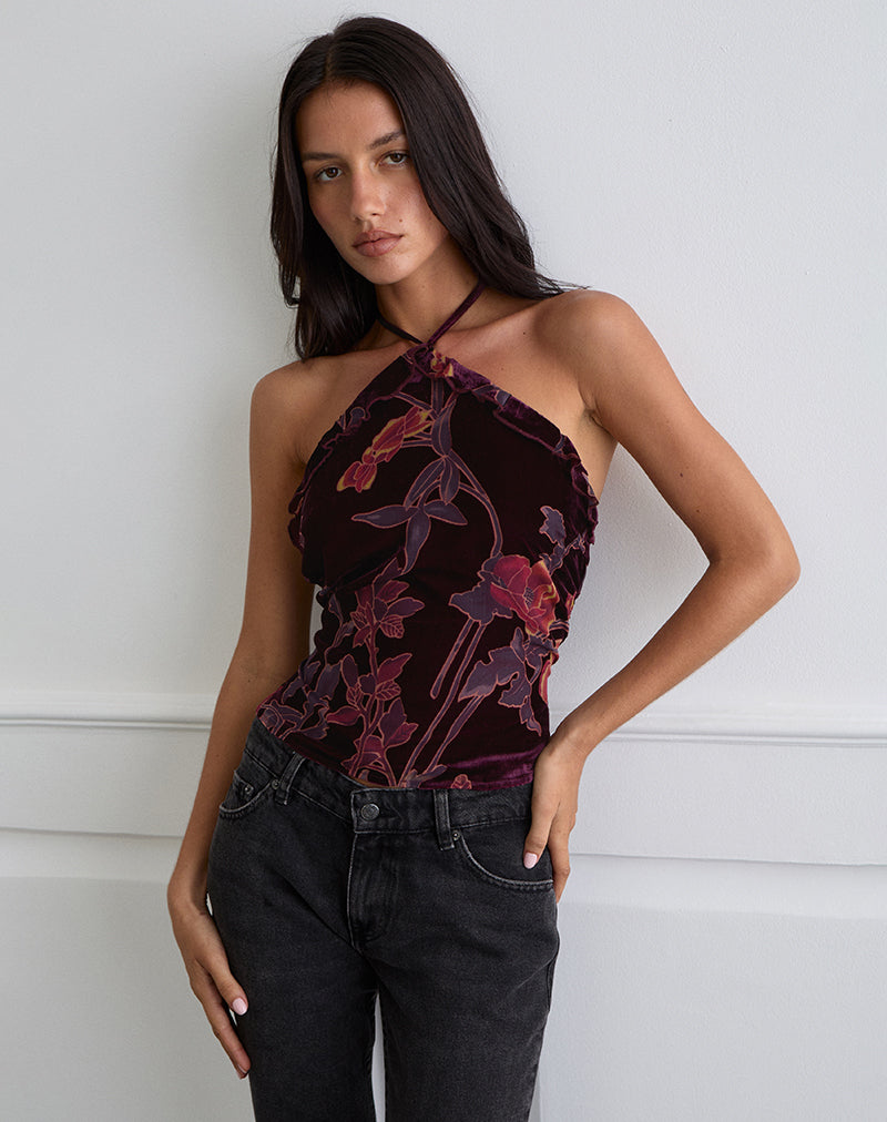 Women's Lace Halterneck Top in Burgundy for Everyday Wear