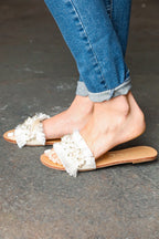 Women's Linen Slip-On Flat Sandals in Ivory with Cushioned Sole for All-Day Comfort