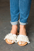 Women's Linen Slip-On Flat Sandals in Ivory with Cushioned Sole for All-Day Comfort