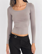 Women's Cotton Long Sleeve Bodycon Top with Scoop Neckline for Everyday Wear