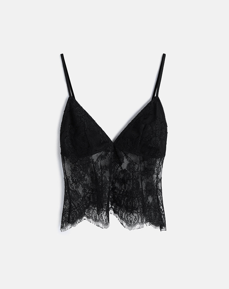 Women's Lace Cami Slim Top with V-Neckline in Black for Everyday Wear