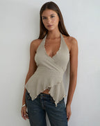 Women's Knit Halterneck Fitted Top in Stone for Everyday Wear